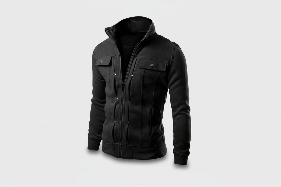 Black jacket with a hood on a white background