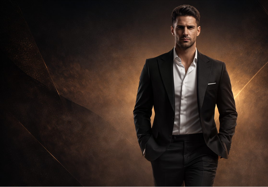 A cinematic animated hero banner for a luxury men’s clothing brand named Fusion Wear.
Confident male fashion model slowly walking forward in premium men’s wear.
Fabric subtly moving with realistic motion, jacket folds flowing naturally.
Slow camera push-in, shallow depth of field.
Dramatic cinematic lighting with soft glow and luxury contrast.
Dark modern background with elegant animated gradients and light streaks.
High-end fashion commercial style, premium brand feel.1621243260e1af0c20-0
