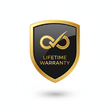 A premium ecommerce badge design for a men’s fashion brand representing “Lifetime Warranty”, elegant shield or badge icon with an infinity symbol, checkmark for trust, modern minimal style, luxury gold and black color palette, clean white or dark background, soft shadows, flat yet premium design, high-end fashion aesthetic, professional Shopify website icon, simple typography, high resolution