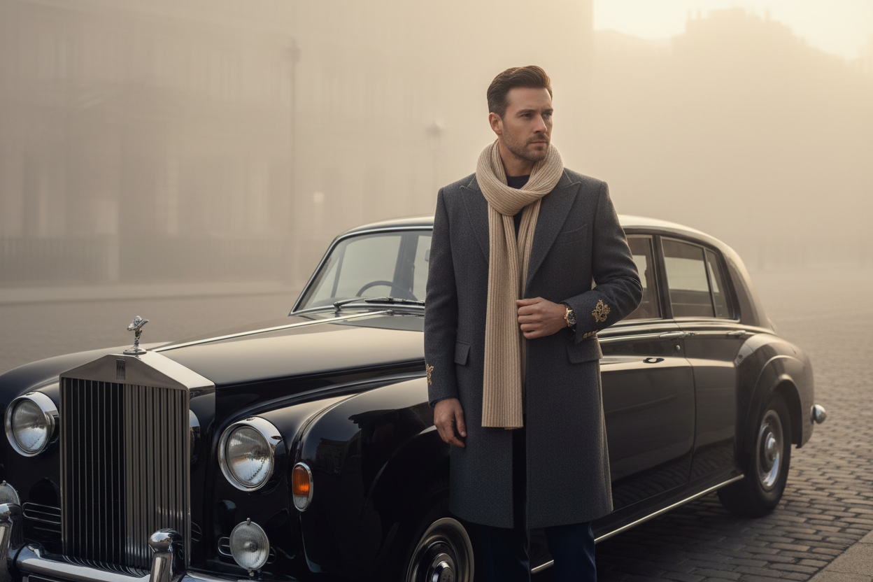 Luxury casual men’s outfit featuring a fitted cashmere sweater and tailored trousers, styled in a minimalist penthouse interior with neutral tones, natural daylight, clean and premium look.1621243260e1af0c20-2