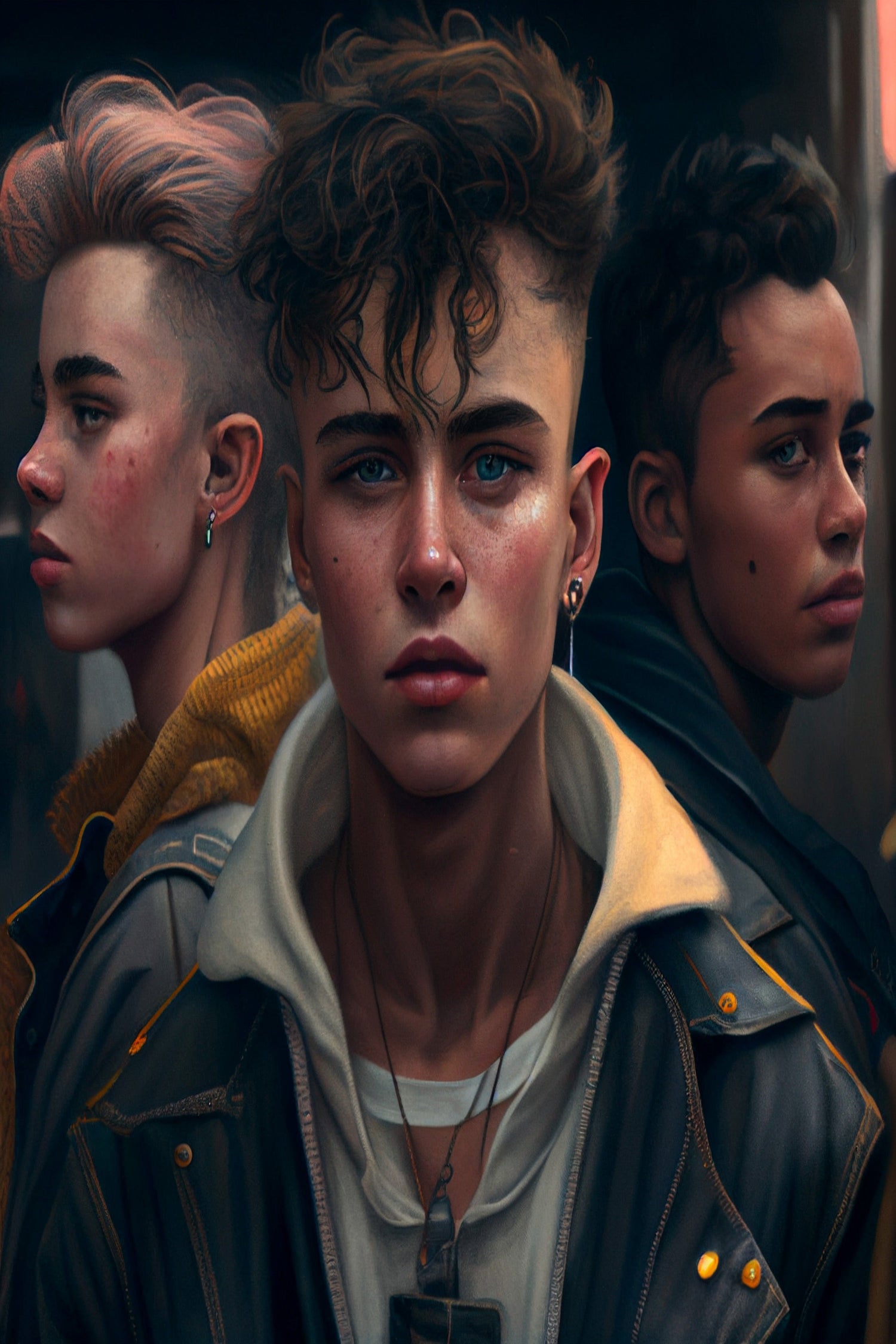 Three individuals wearing jackets with a dark background